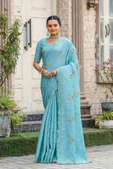 Tussar Cotton Floral Sequence Embroidery Work Saree